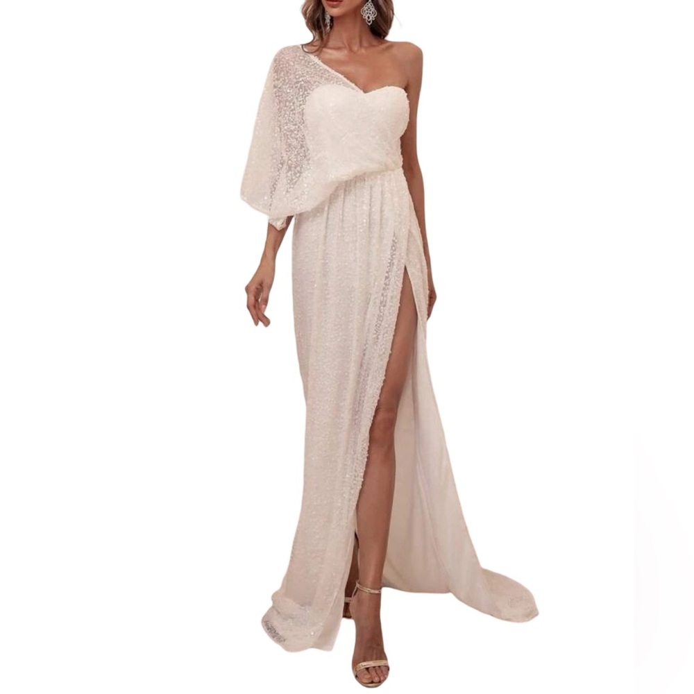 Chic One-Shoulder Off White Gown - Picture 2 of 6
